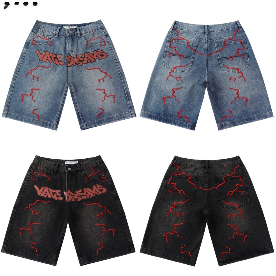 GorgeousBen Men's Vintage Washed Denim Shorts with Colorful Letter Embroidery