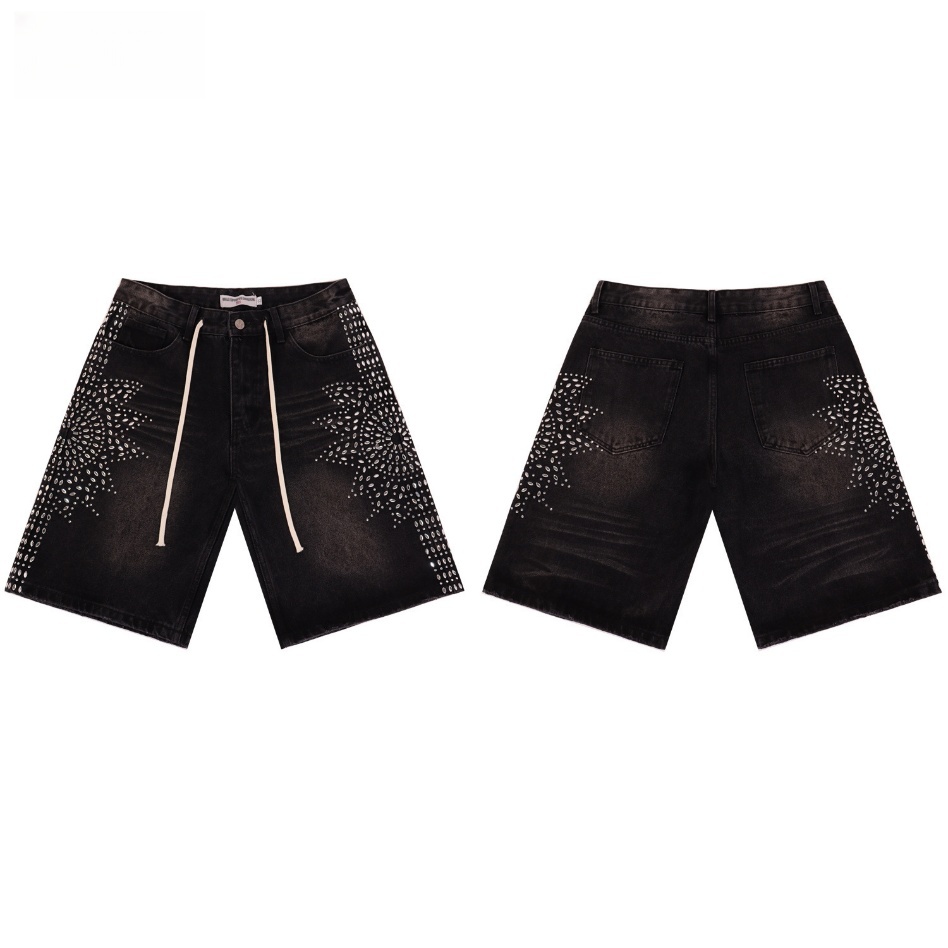 GorgeousBen Men's Vintage Washed Denim Shorts with Colorful Letter Embroidery
