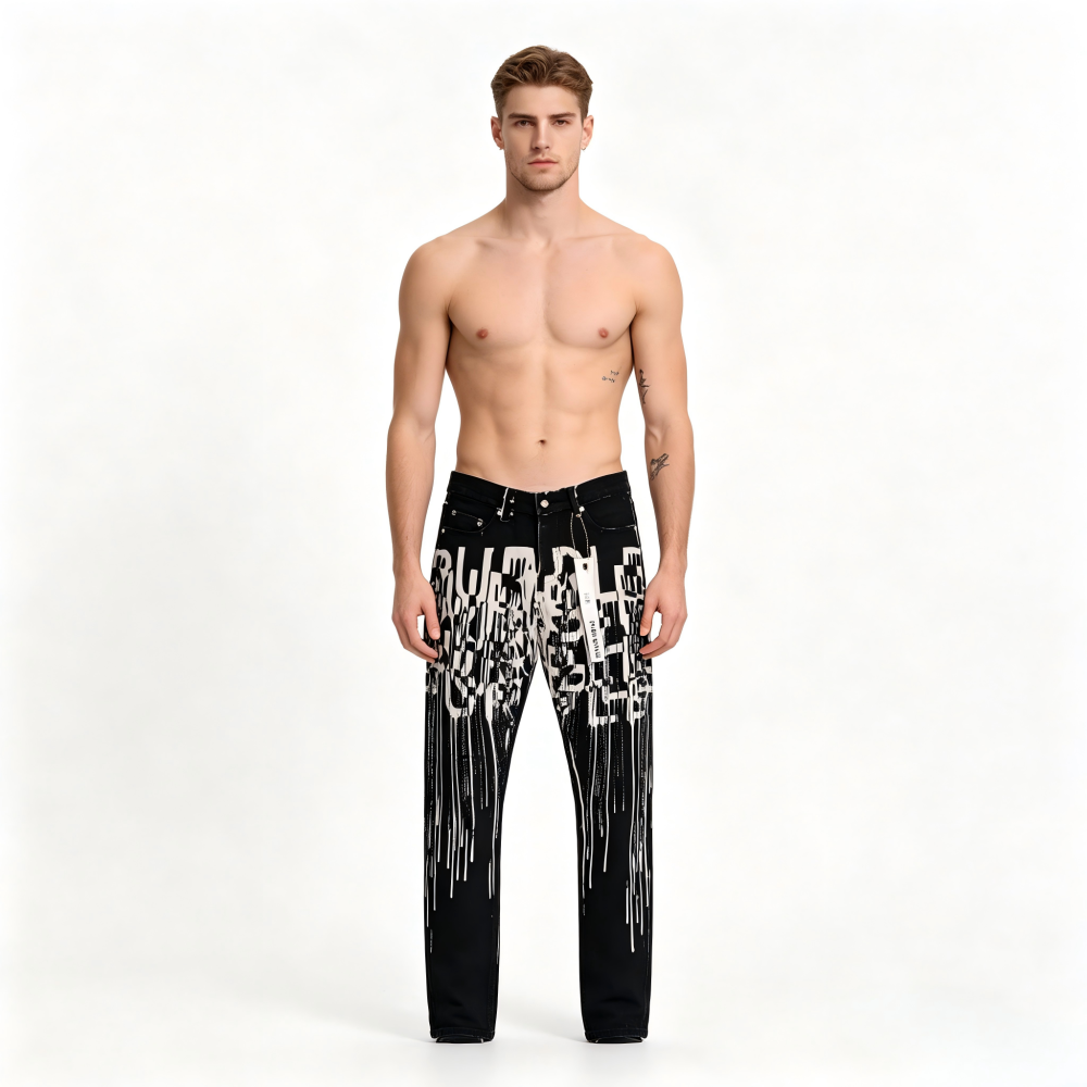 GorgeousBen Men's Vintage Washed Flare Denim Pants with Colorful Smile Print