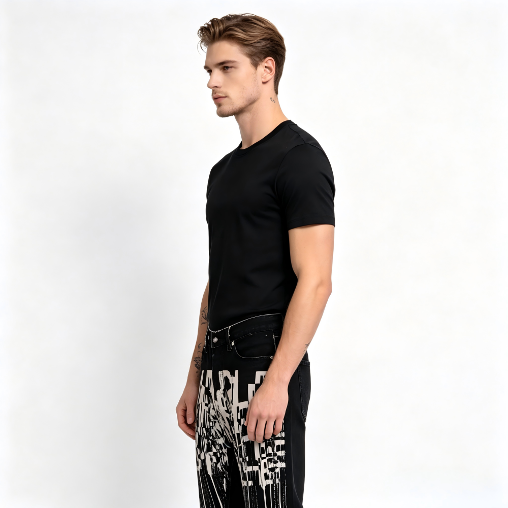 GorgeousBen Men's Vintage Washed Flare Denim Pants with Colorful Smile Print