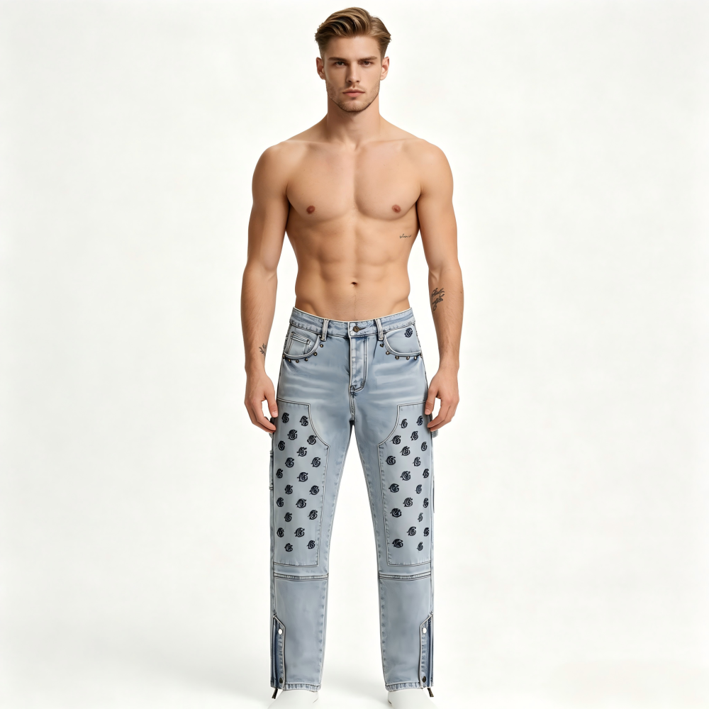 GorgeousBen Men's Vintage Washed Flare Denim Pants with Colorful Smile Print