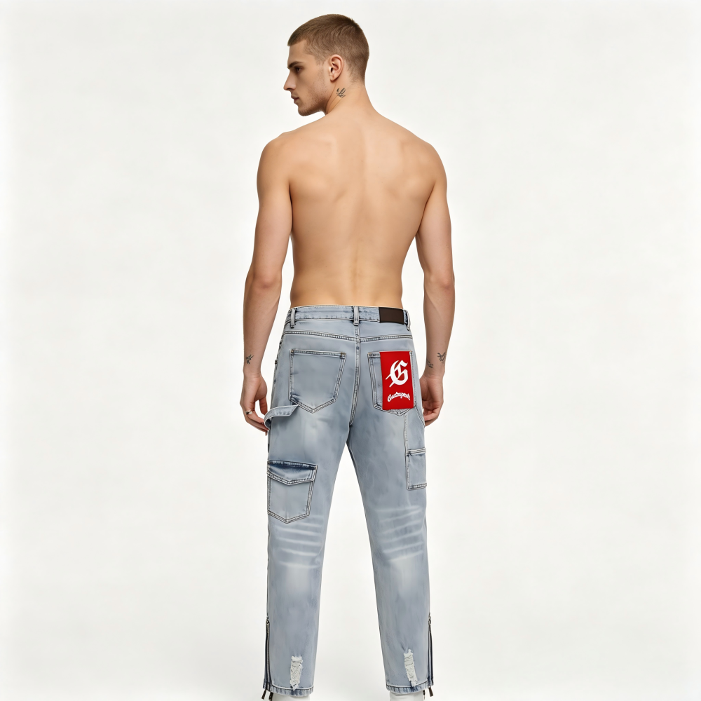 GorgeousBen Men's Vintage Washed Flare Denim Pants with Colorful Smile Print
