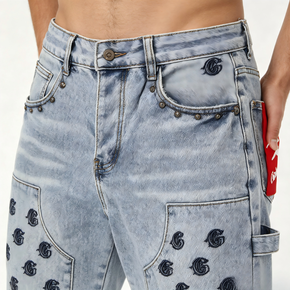 GorgeousBen Men's Vintage Washed Flare Denim Pants with Colorful Smile Print