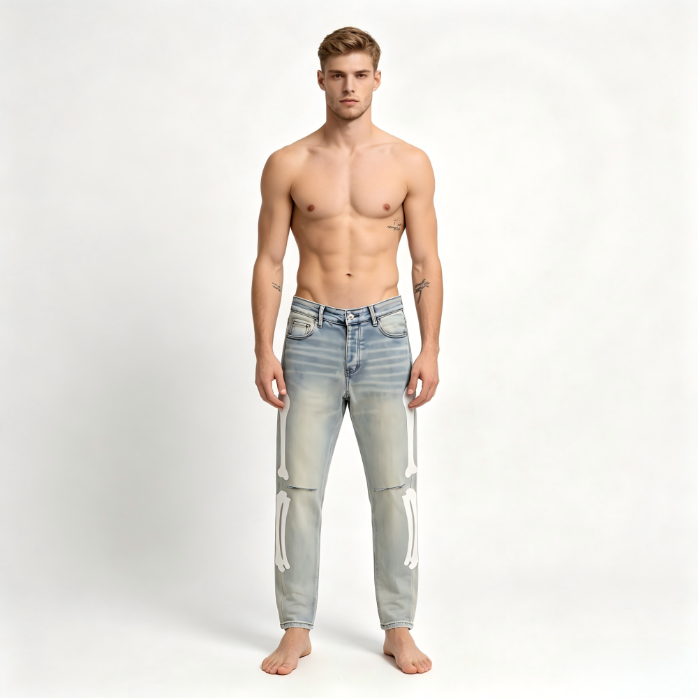 GorgeousBen Men's Vintage Washed Skeleton Print Slim Denim Pants