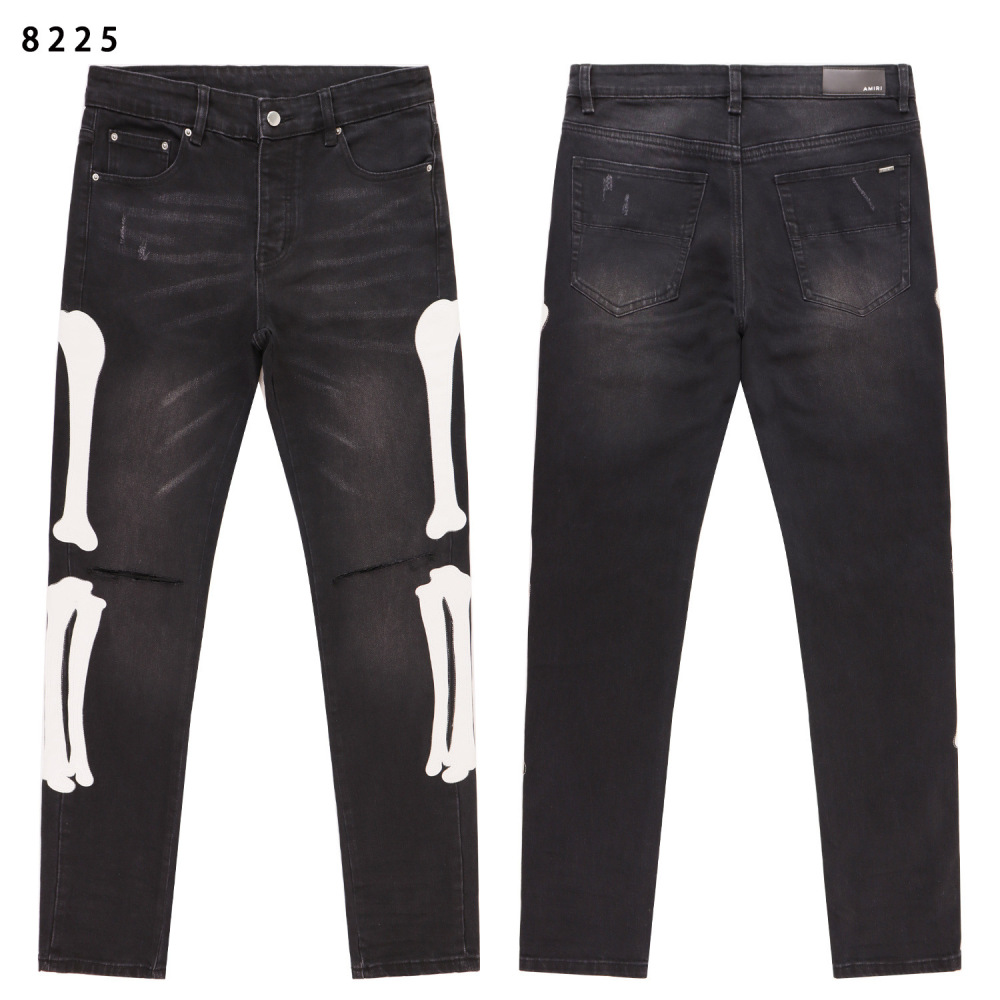 GorgeousBen Men's Vintage Washed Skeleton Print Slim Denim Pants