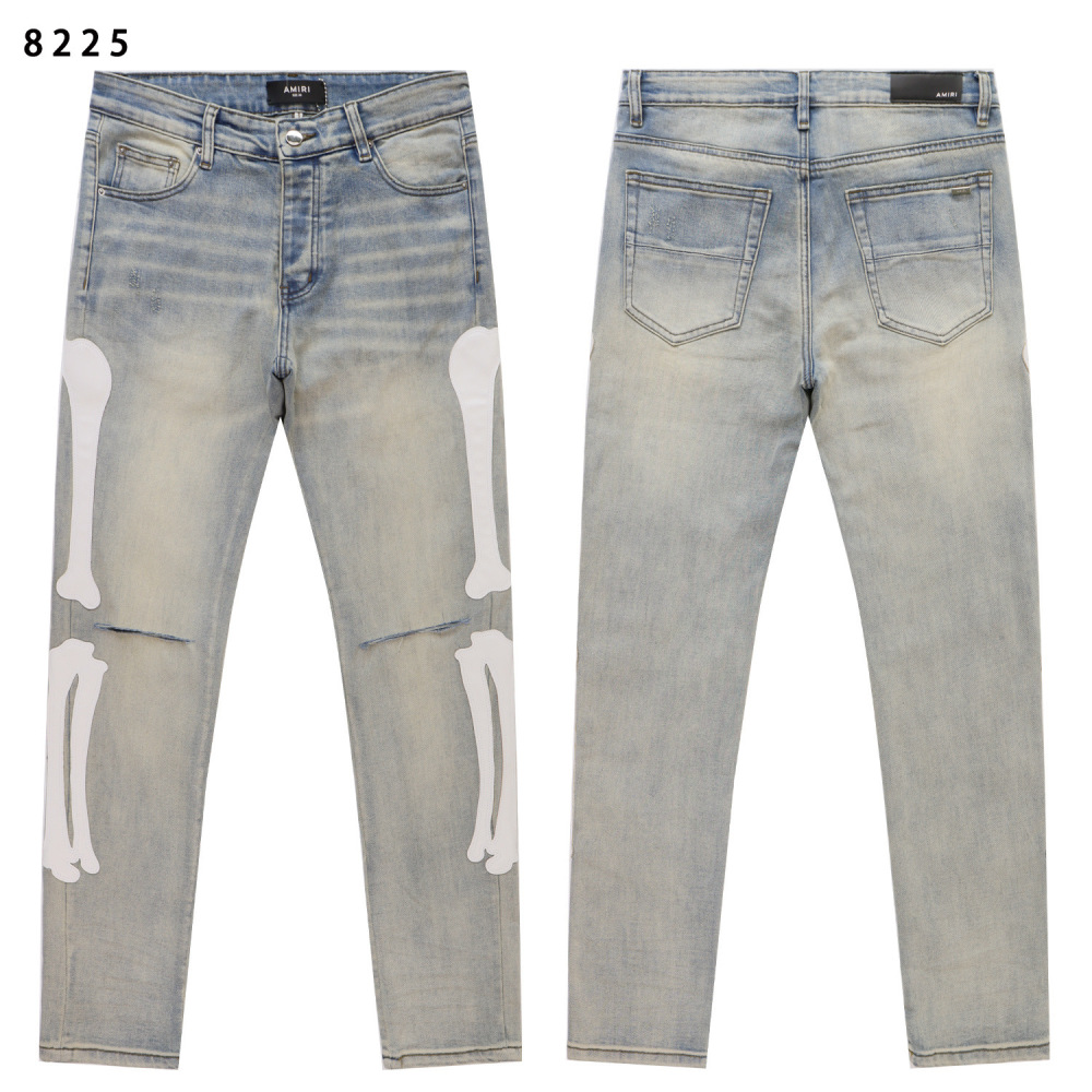 GorgeousBen Men's Vintage Washed Skeleton Print Slim Denim Pants