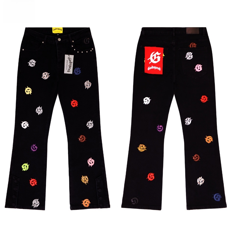 GorgeousBen Men's Vintage Washed Flare Denim Pants with Colorful Smile Print