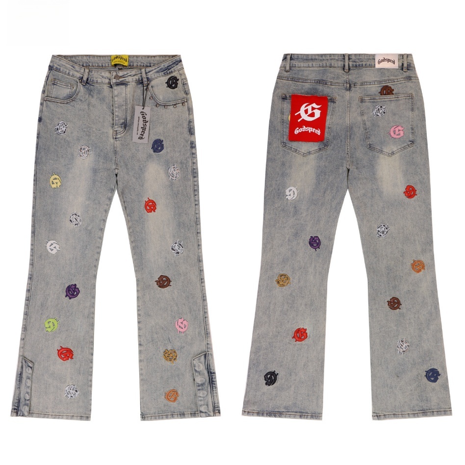 GorgeousBen Men's Vintage Washed Flare Denim Pants with Colorful Smile Print