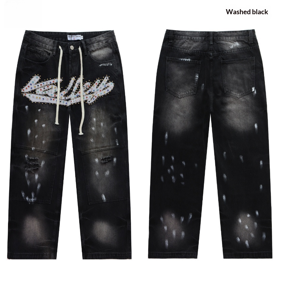 GorgeousBen Men's Vintage Washed Flare Denim Pants with Colorful Smile Print