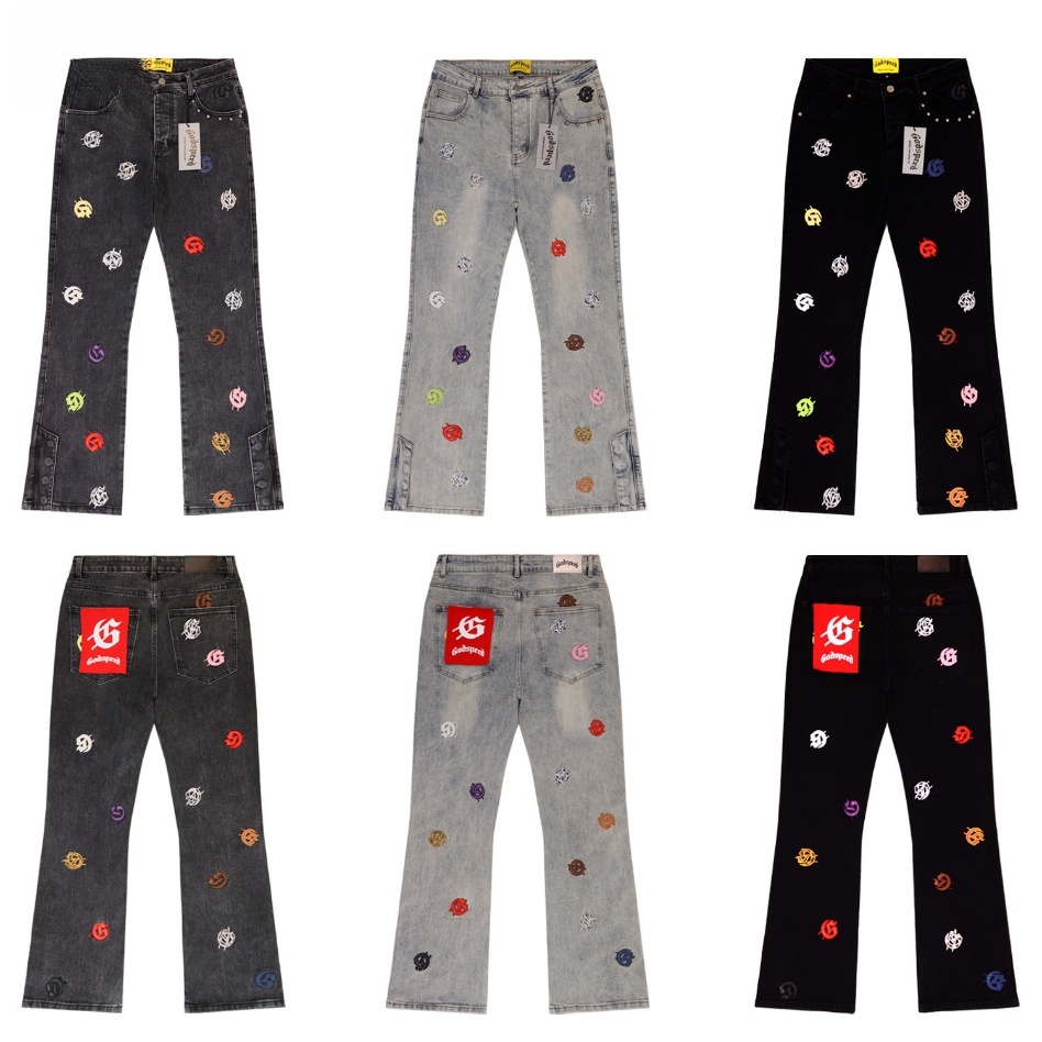 GorgeousBen Men's Vintage Washed Flare Denim Pants with Colorful Smile Print