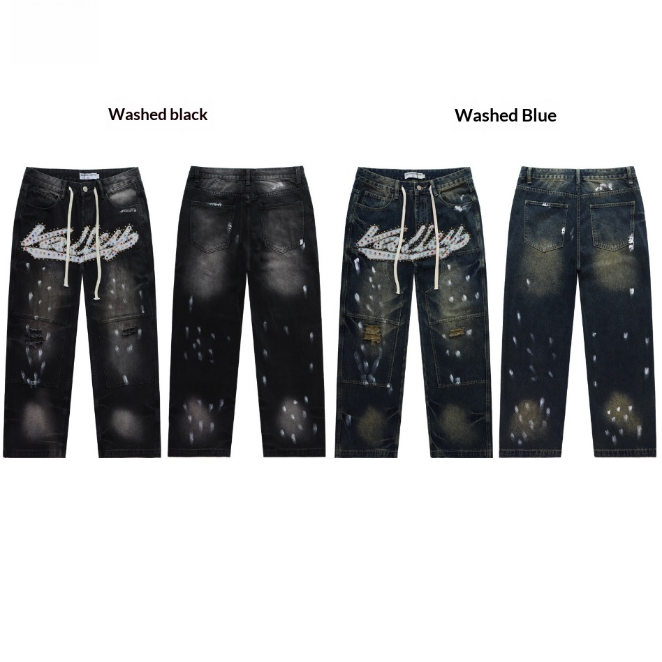 GorgeousBen Men's Vintage Washed Flare Denim Pants with Colorful Smile Print