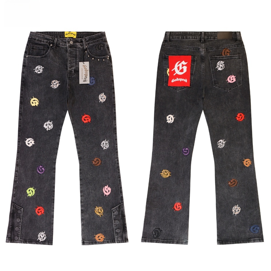 GorgeousBen Men's Vintage Washed Flare Denim Pants with Colorful Smile Print