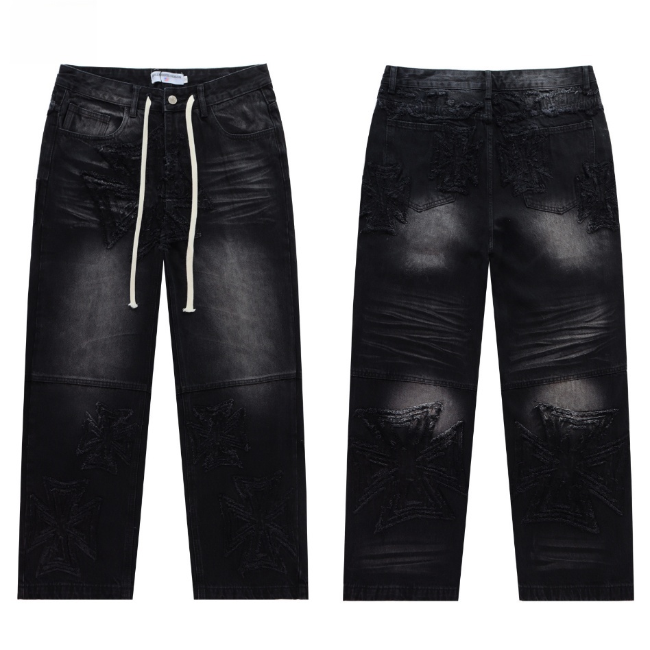 GorgeousBen Men's Vintage Washed Flare Denim Pants with Colorful Smile Print