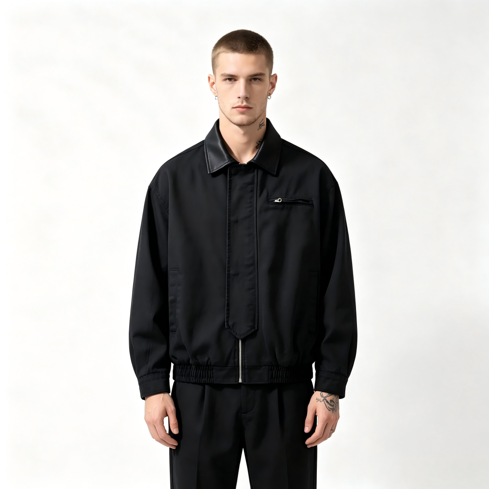 GorgeousBen Men's Retro Workwear PU Collar Casual Jacket