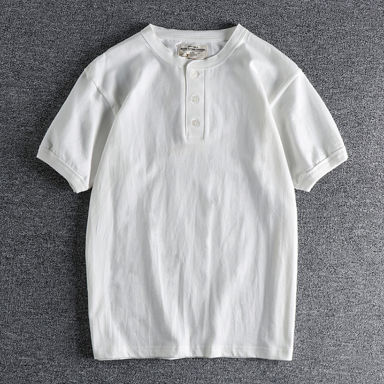 Men's  High Gram Heavy Wash Cotton Henry Collar Retro Short Sleeve T-shirt Men's Summer T-shirt