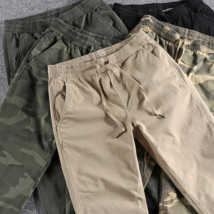GrogeousBen 2025 Retro minimalist new embroidered letter wash-worn camouflage casual pants for men, slim-fit ankle-length pants.