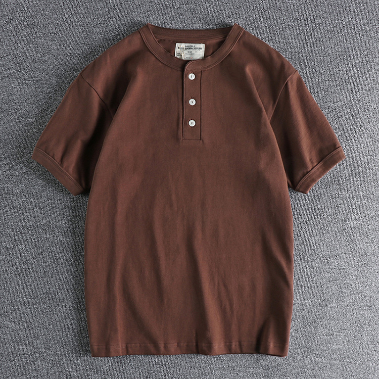 Men's  High Gram Heavy Wash Cotton Henry Collar Retro Short Sleeve T-shirt Men's Summer T-shirt