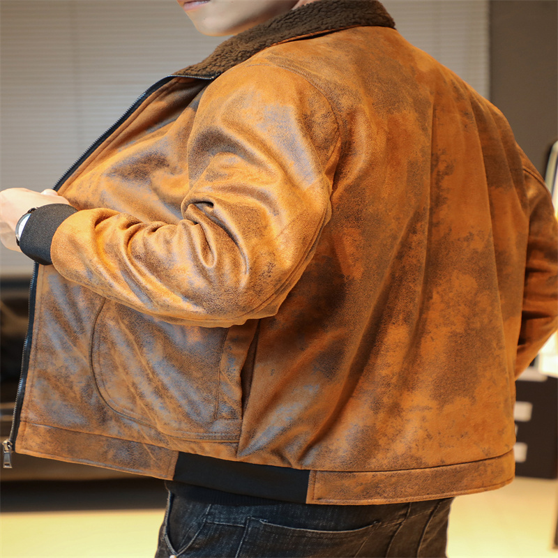 GrogeousBen Faux Leather Fleece Jackets for Men Plush Liner Jackets Casual Boomber  BNJ922