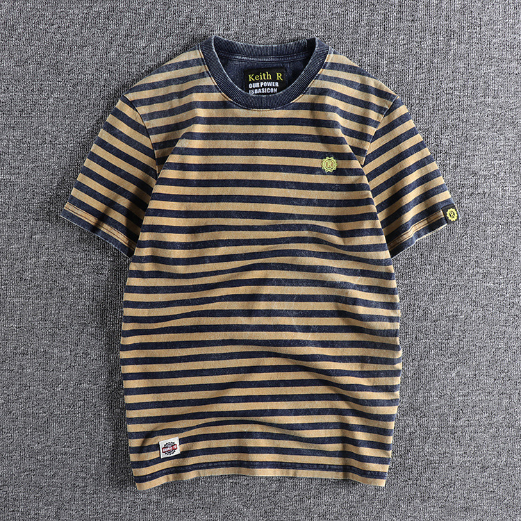 GrogeousBen Denim Stitching Trend Cotton Old Top Retro Striped Foreign Trade Men's Short Sleeve T-shirt Hip Hop Man T-shirt