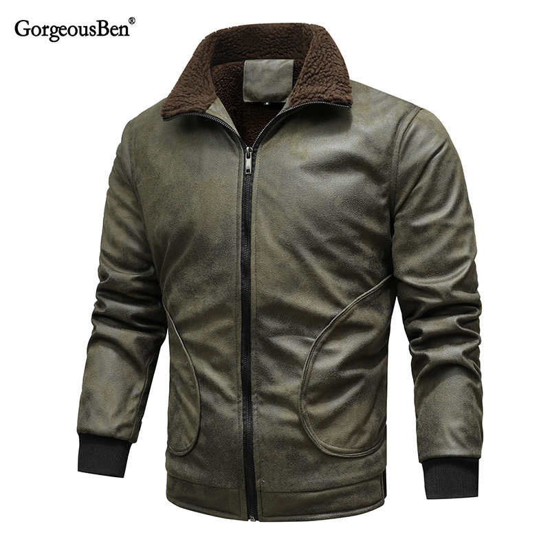 GorgeousBen Faux Leather Fleece Jackets for Men Plush Liner Jackets Casual Boomber  BNJ922