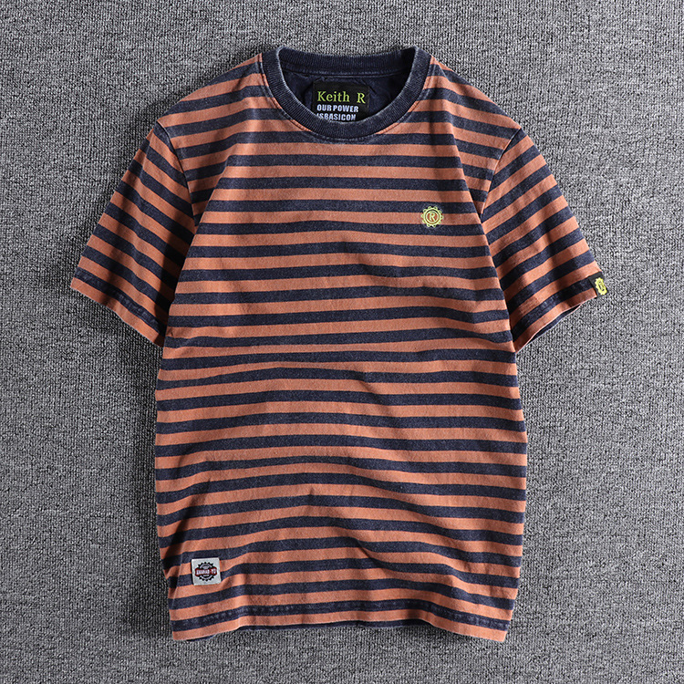 GrogeousBen Denim Stitching Trend Cotton Old Top Retro Striped Foreign Trade Men's Short Sleeve T-shirt Hip Hop Man T-shirt