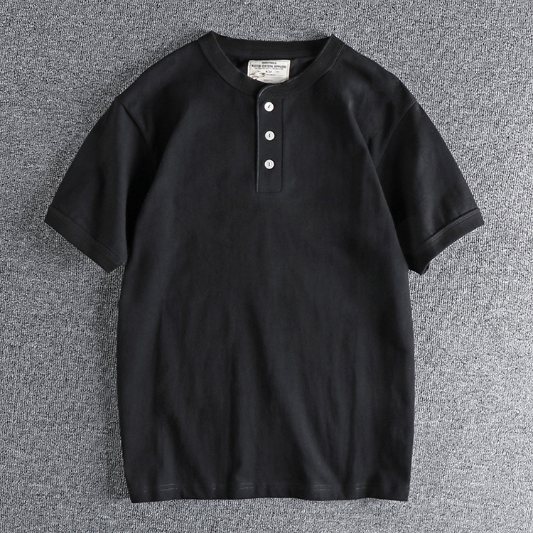 Men's  High Gram Heavy Wash Cotton Henry Collar Retro Short Sleeve T-shirt Men's Summer T-shirt