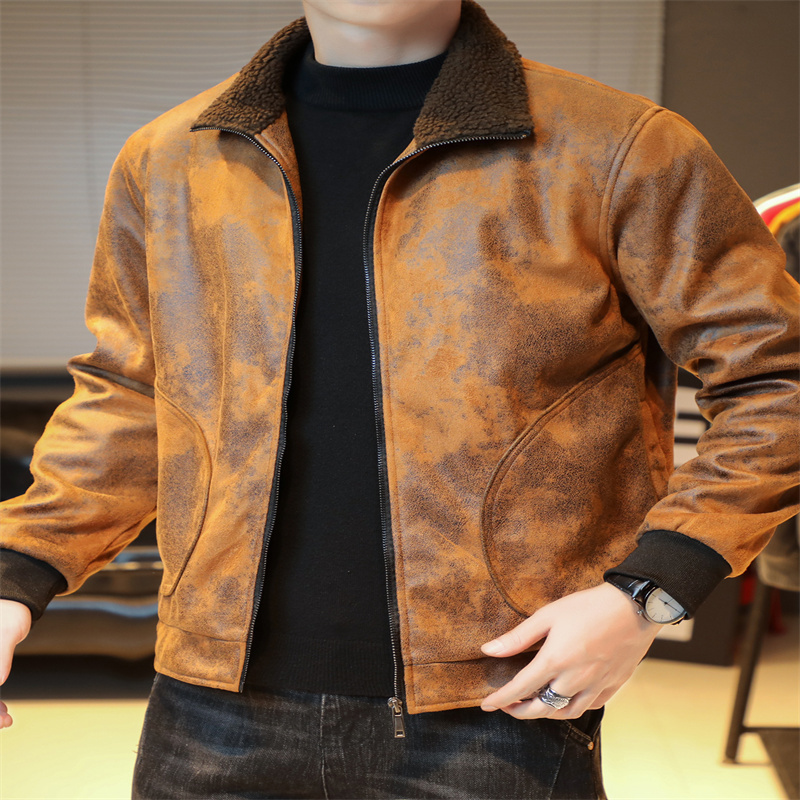 GrogeousBen Faux Leather Fleece Jackets for Men Plush Liner Jackets Casual Boomber  BNJ922