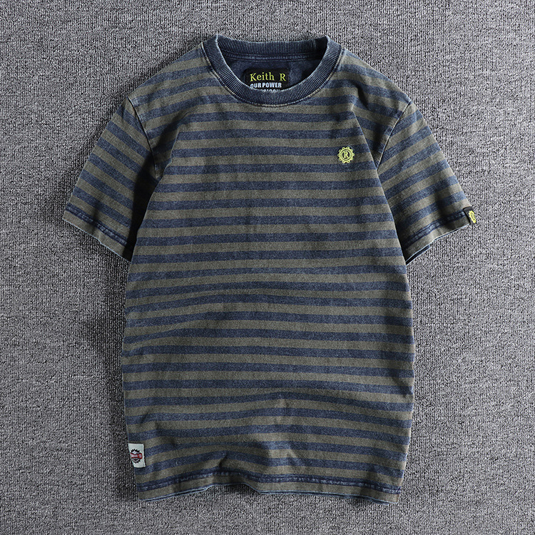 GrogeousBen Denim Stitching Trend Cotton Old Top Retro Striped Foreign Trade Men's Short Sleeve T-shirt Hip Hop Man T-shirt