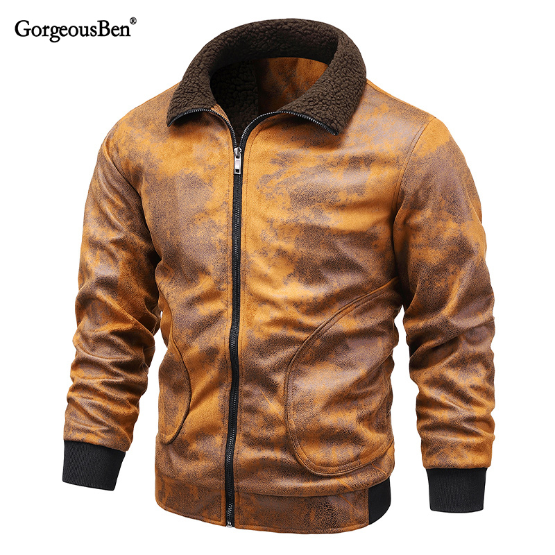GorgeousBen Faux Leather Fleece Jackets for Men Plush Liner Jackets Casual Boomber  BNJ922