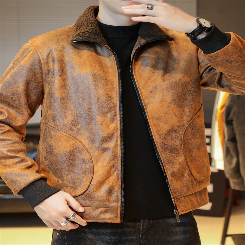 GrogeousBen Faux Leather Fleece Jackets for Men Plush Liner Jackets Casual Boomber  BNJ922