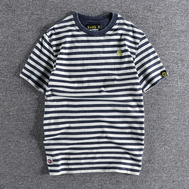 GrogeousBen Denim Stitching Trend Cotton Old Top Retro Striped Foreign Trade Men's Short Sleeve T-shirt Hip Hop Man T-shirt