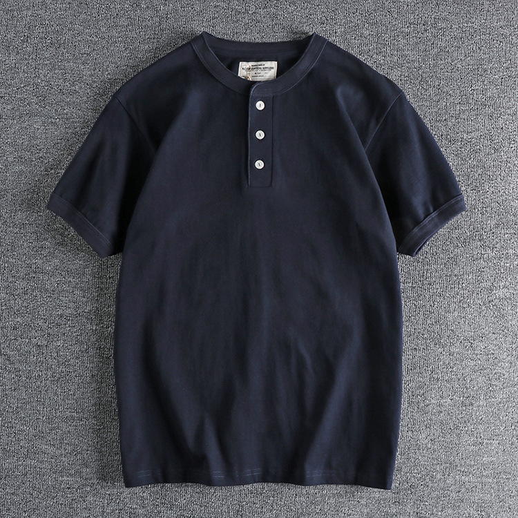 Men's  High Gram Heavy Wash Cotton Henry Collar Retro Short Sleeve T-shirt Men's Summer T-shirt