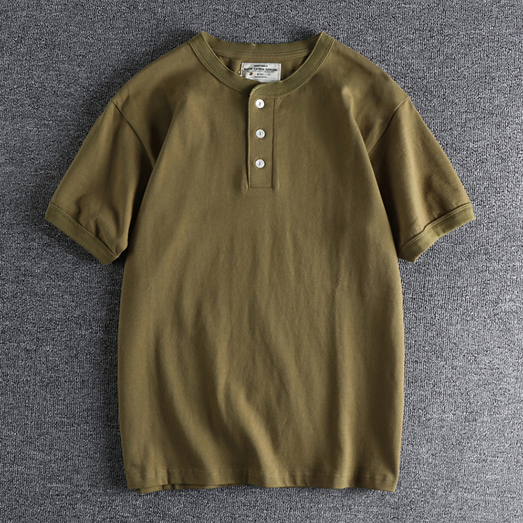 Men's  High Gram Heavy Wash Cotton Henry Collar Retro Short Sleeve T-shirt Men's Summer T-shirt