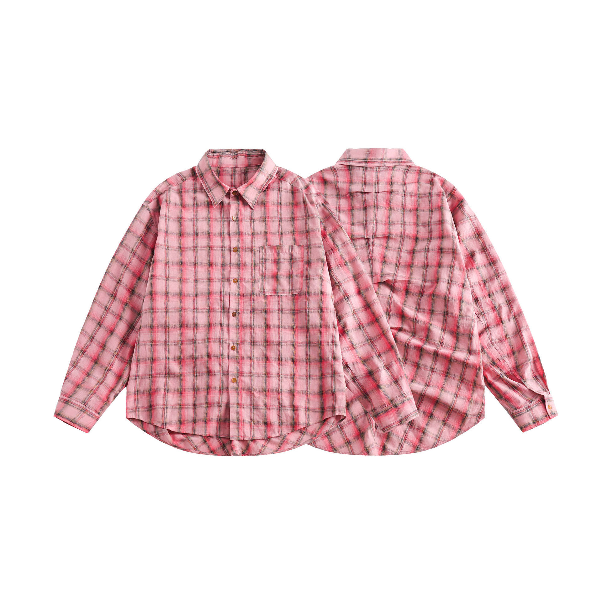 GorgeousBen   Unisex 2024 new American style pleated plaid long-sleeved shirt for men, loose and casual design sense shirt jacket for spring.