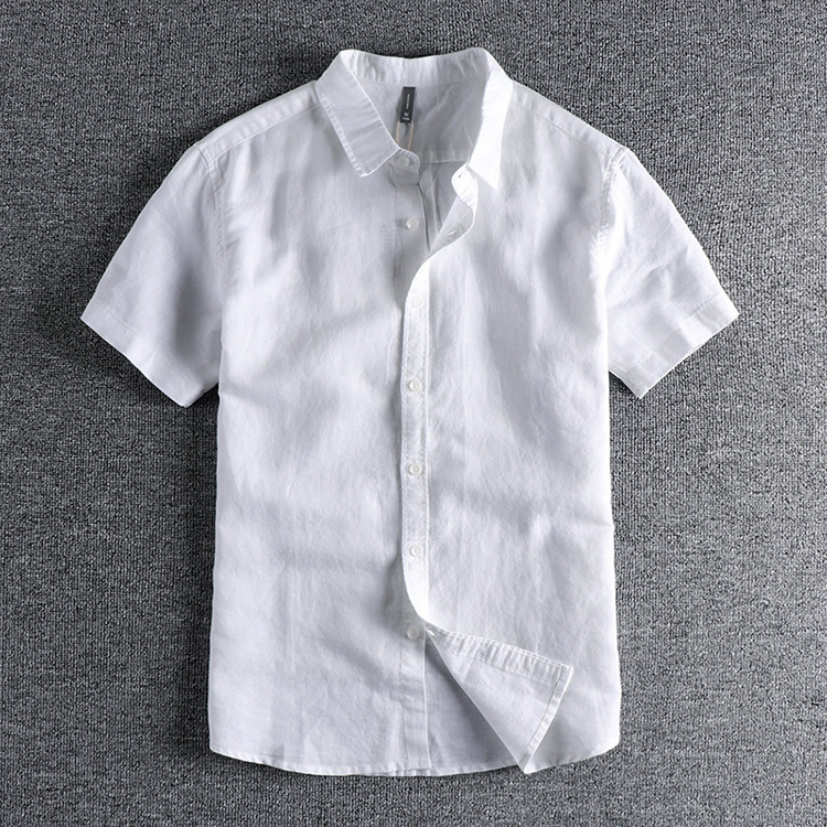 GrogeousBen  Men's Fresh retro solid color linen cotton short-sleeved shirt men's daily versatile washed comfortable shirt.