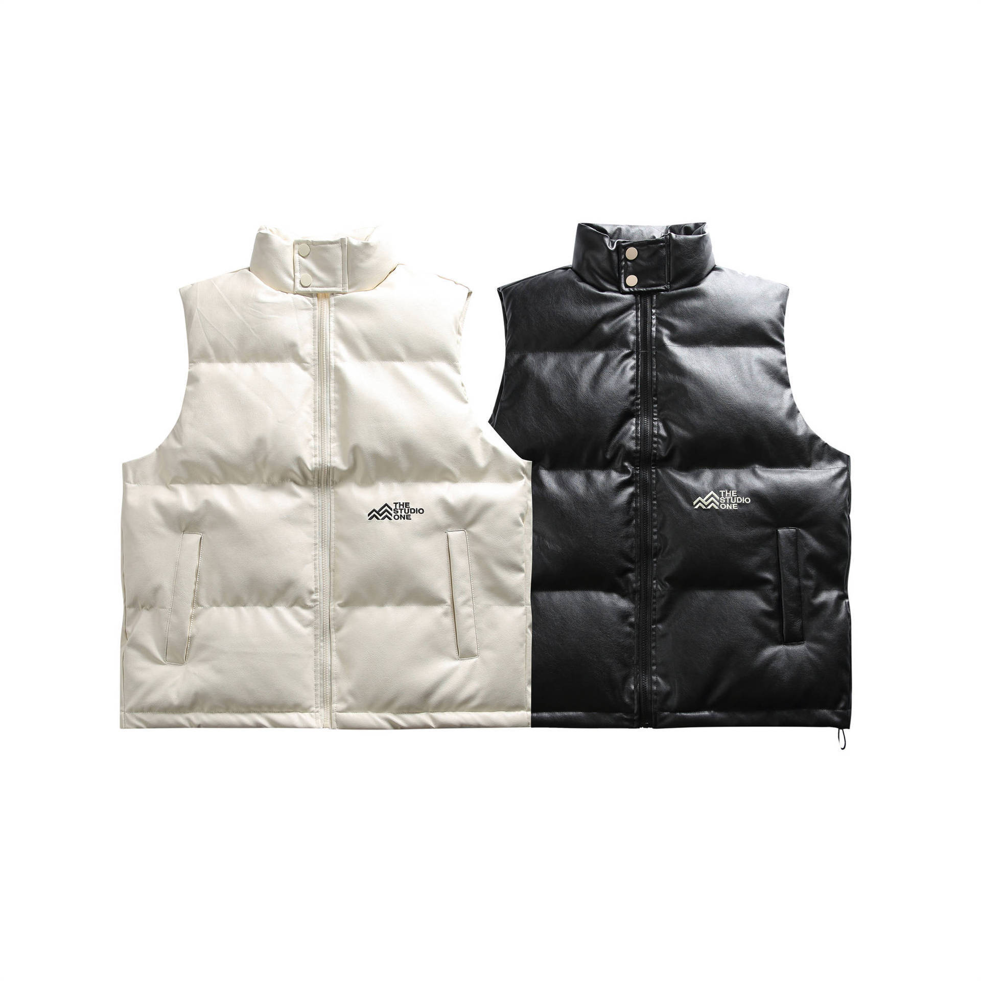 GorgeousBen  Unisex Thickened cotton vest with stand collar for autumn and winter embroidered PU leather vest, loose and warm outerwear.