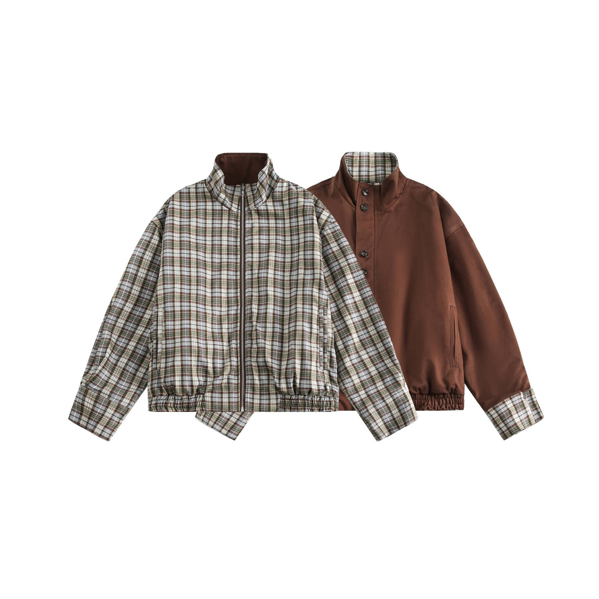 GrogeousBen   Unisex 2024 new  retro double-sided plaid jacket for men, trendy brand design with a sense of MIRADER stand-up collar work jacket.