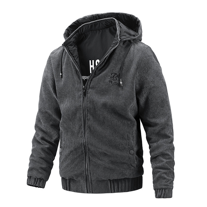 GrogeousBen  Men's Autumn and Winter Men's Slim Fit Thin Cotton Hooded Corduroy Plush Double Sided Coat  Fashion Youth Top