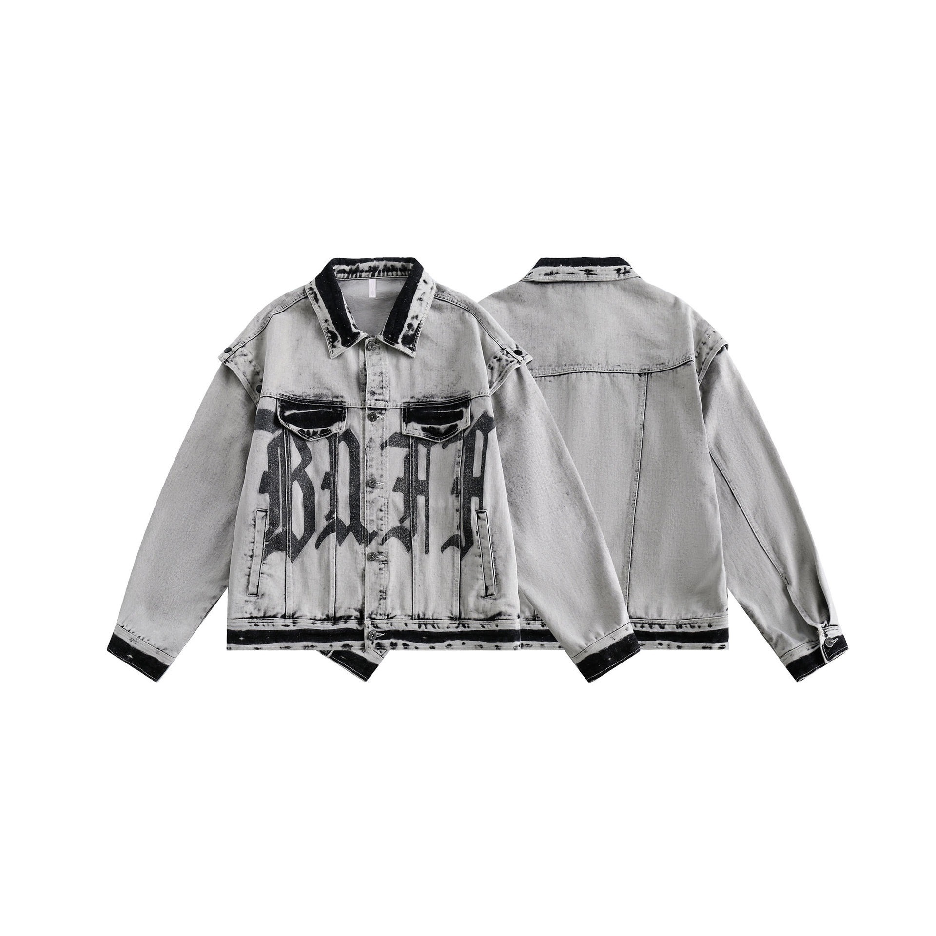 GorgeousBen  Unisex 2024 spring new style, two-wear detachable sleeve letter print jacket, washed vintage couple's top.