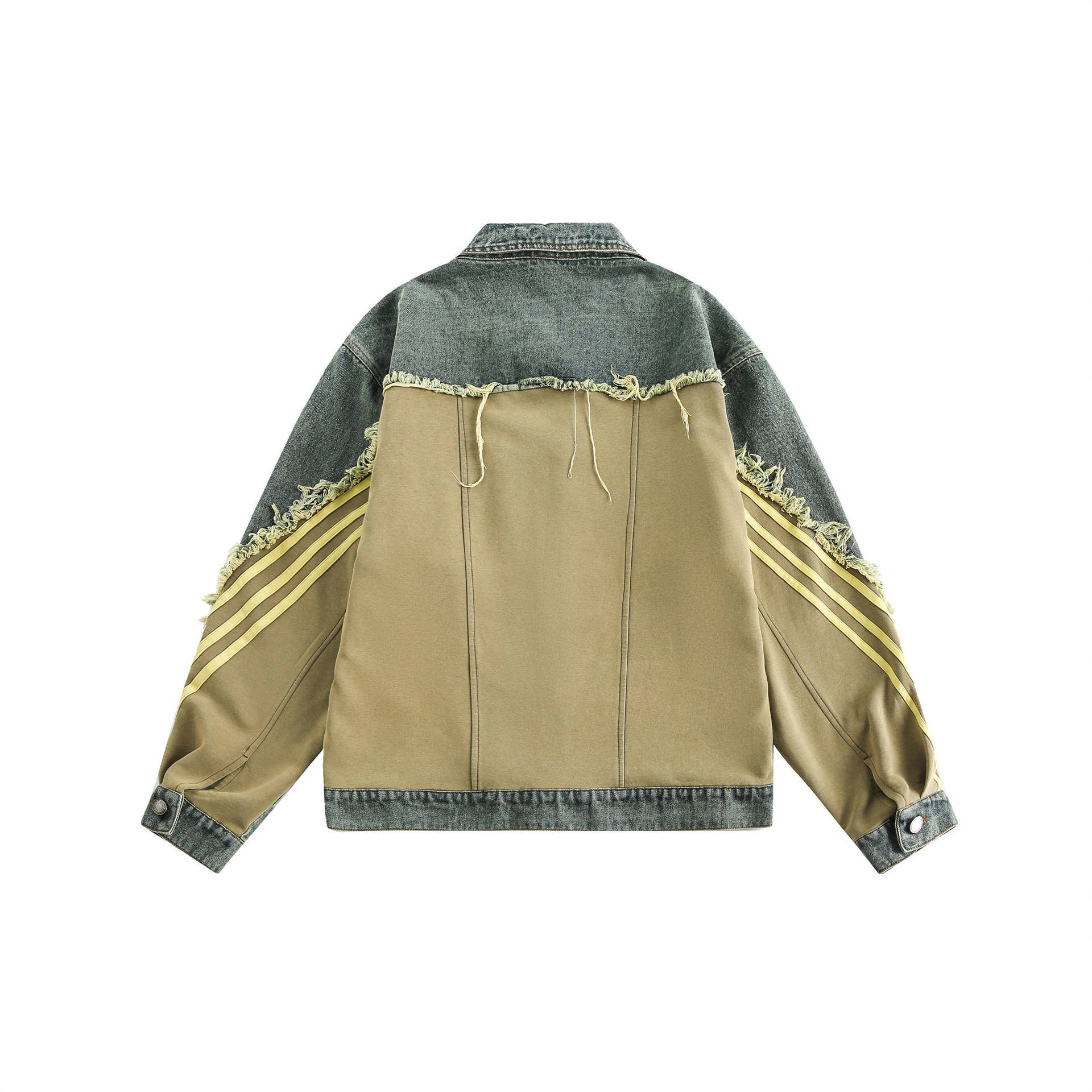 GorgeousBen   Unisex 2024 new American retro spliced ​​washed denim jacket for men, trendy brand design, high street lapel workwear jacket.