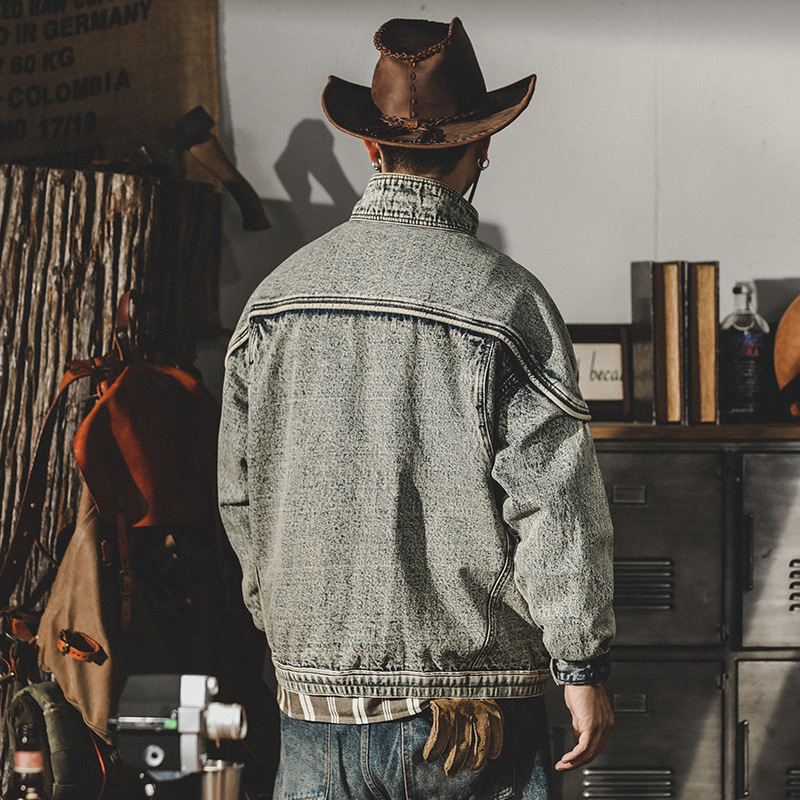 GorgeousBen  Men's washed denim jacket, winter American classic retro loose trend handsome motorcycle jacket.