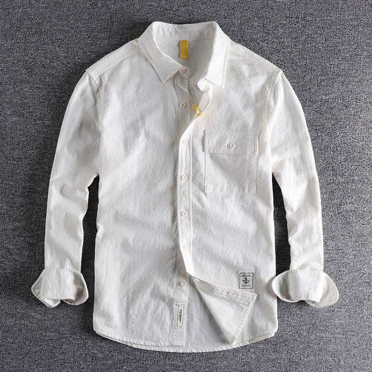 GorgeousBen  Men's Retro washed texture long-sleeved shirt for men, loose and versatile solid color simple pocket youth shirt.
