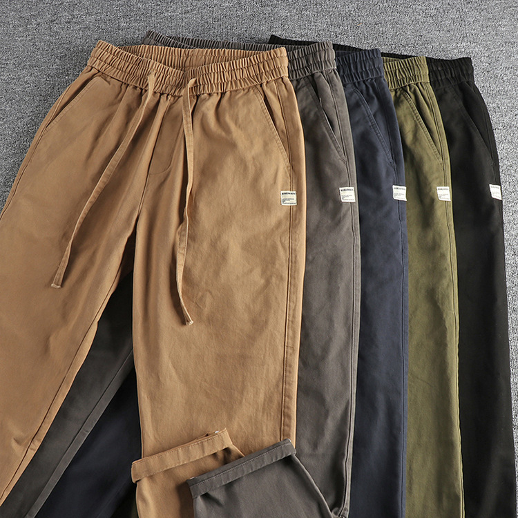 GrogeousBen  Men's Autumn American-style woven cotton washed casual pants for men, solid color retro trendy loose straight wide-leg trousers.