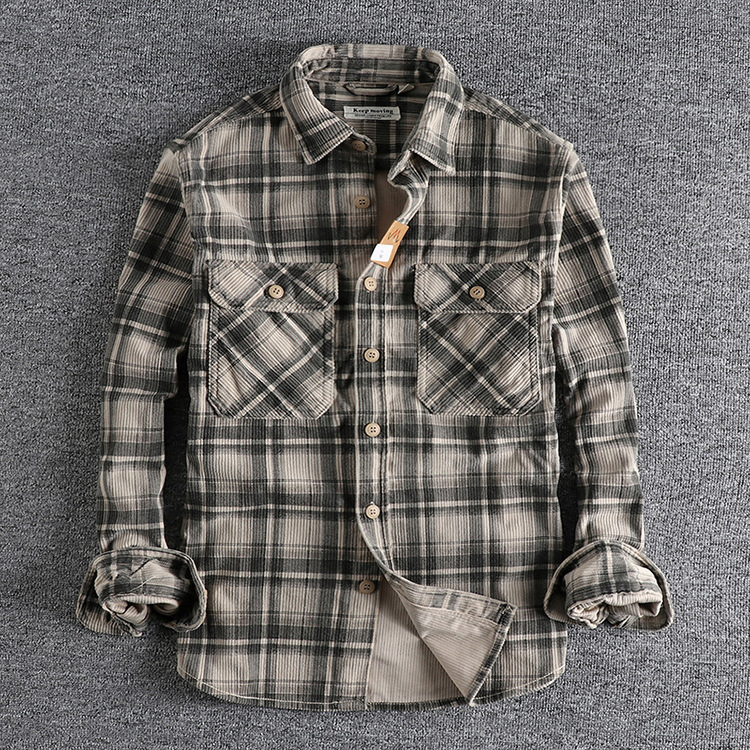 GorgeousBen  Men's Retro Spring and Autumn fashion men's long-sleeved shirt, washed corduroy, comfortable daily wear, versatile trendy outerwear.