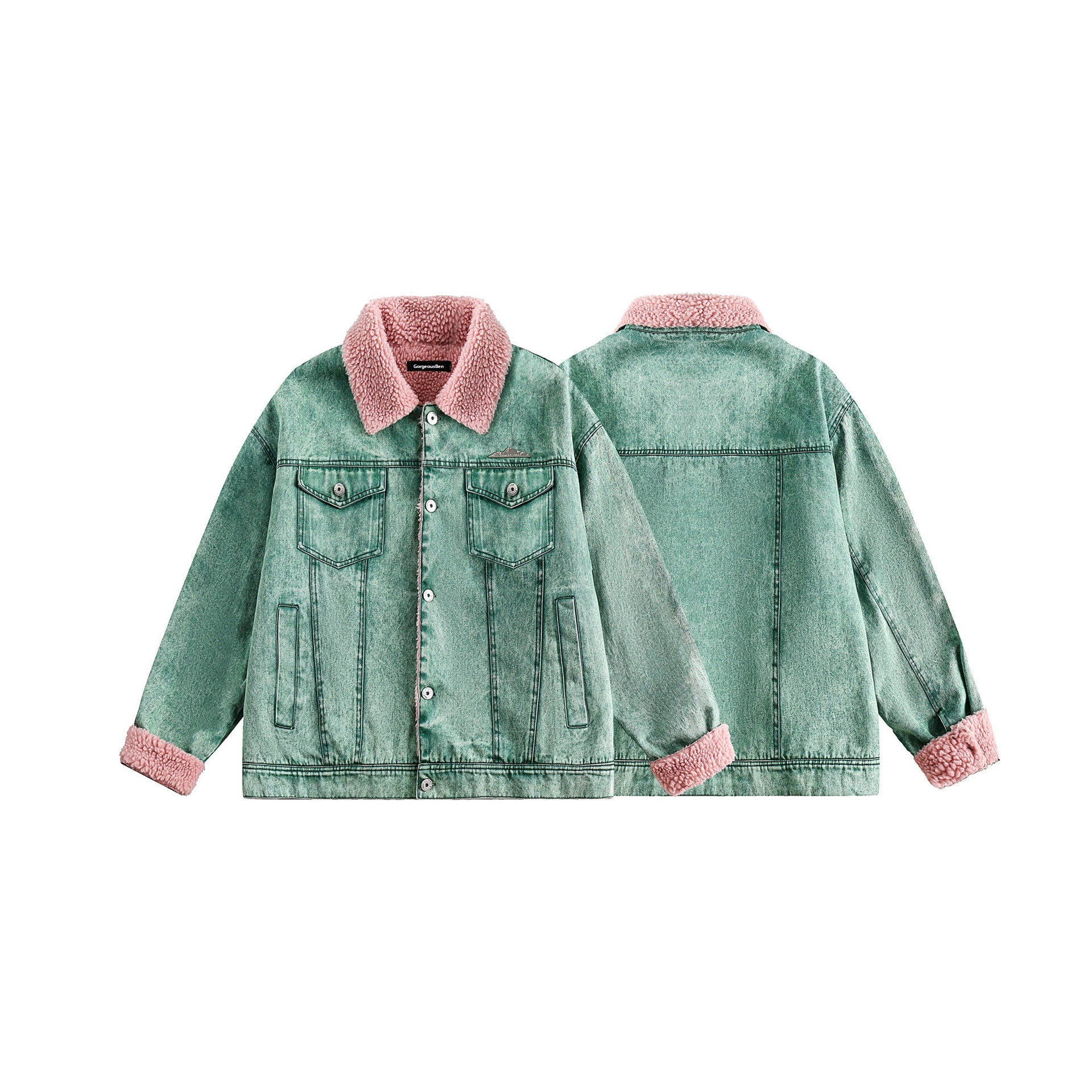 GrogeousBen  Unisex Winter American retro distressed lamb wool warm denim cotton jacket men's trendy loose versatile thick coat.