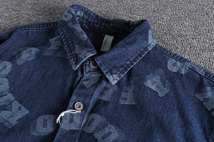 GrogeousBen  Men's  Casual retro printed letter denim shirt, fashionable and loose versatile youth shirt.