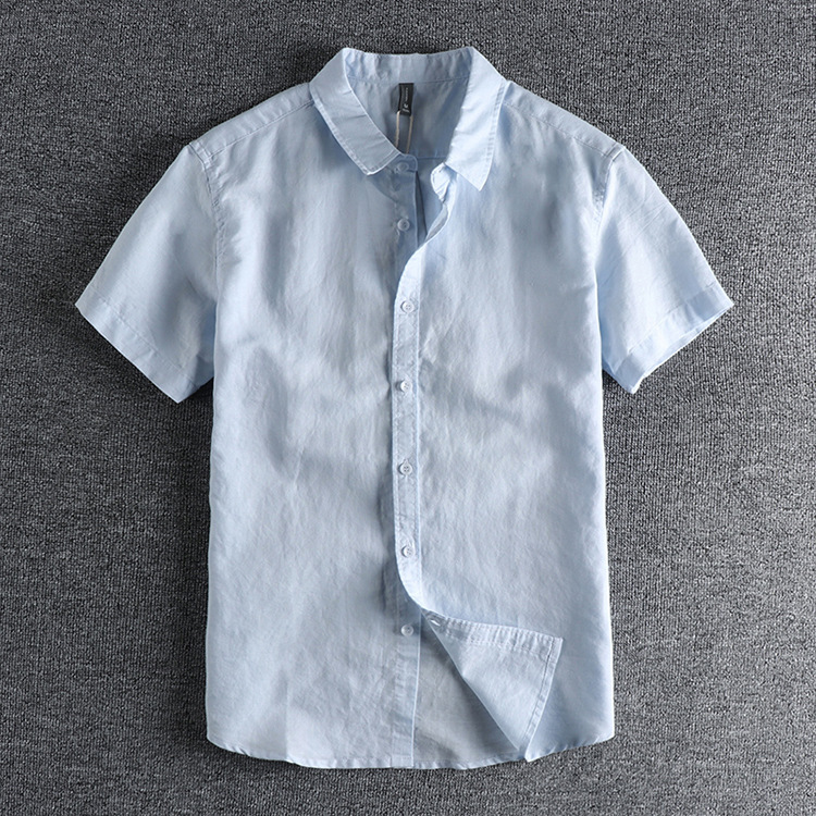 GrogeousBen  Men's Fresh retro solid color linen cotton short-sleeved shirt men's daily versatile washed comfortable shirt.