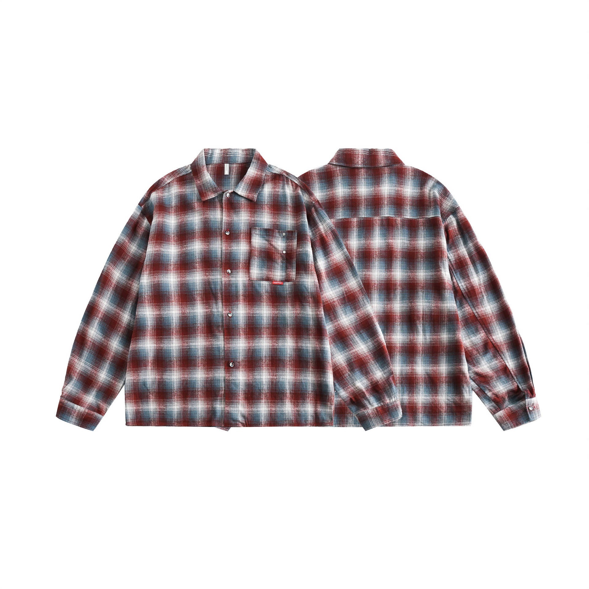 GorgeousBen  Unisex 2024 new retro red brushed plaid long-sleeved shirt for men and women, loose spring casual couple shirt outerwear.