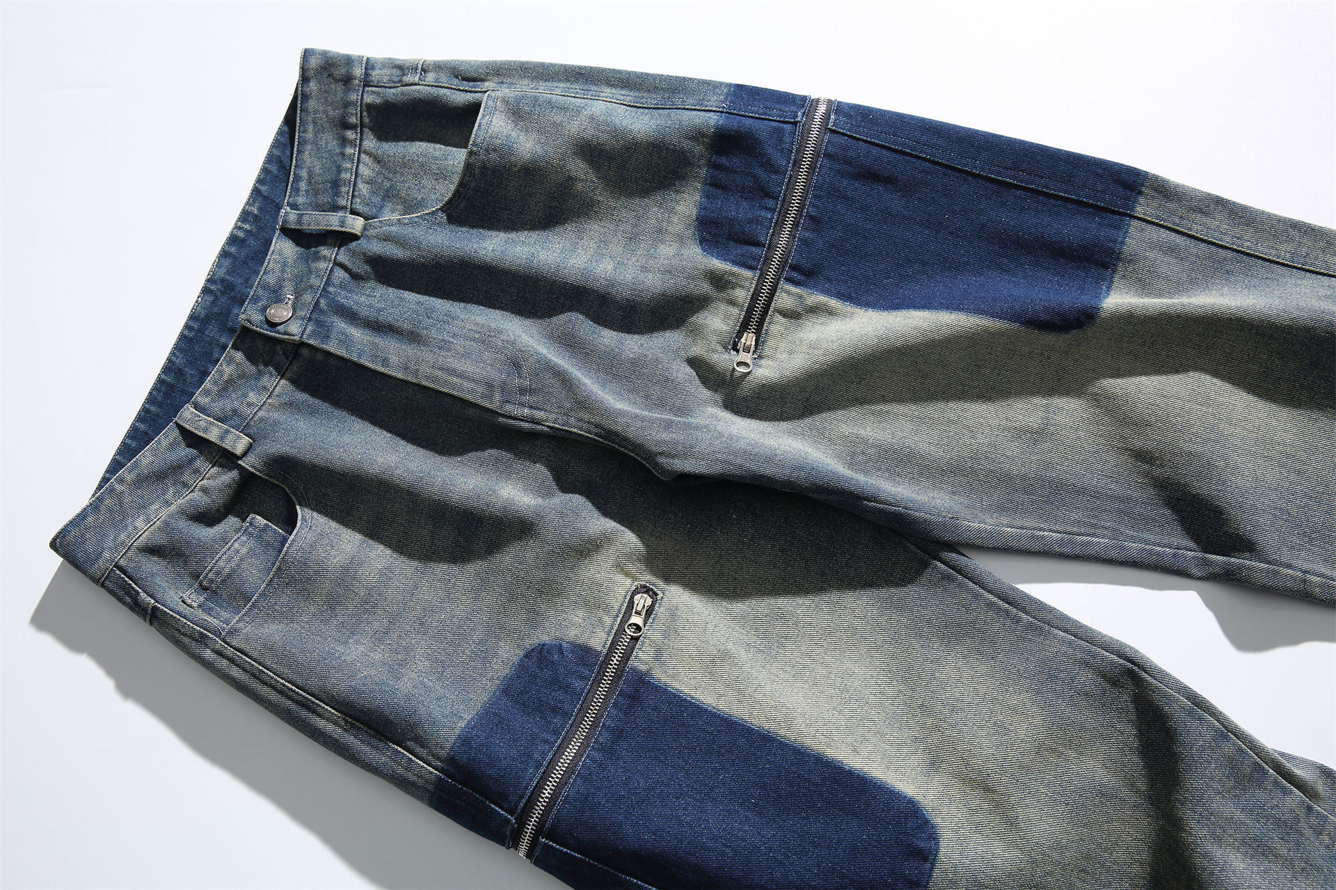 GorgeousBen   Unisex American retro color-blocked pocket functional workwear jeans for men, trendy spring new loose straight-leg casual pants.