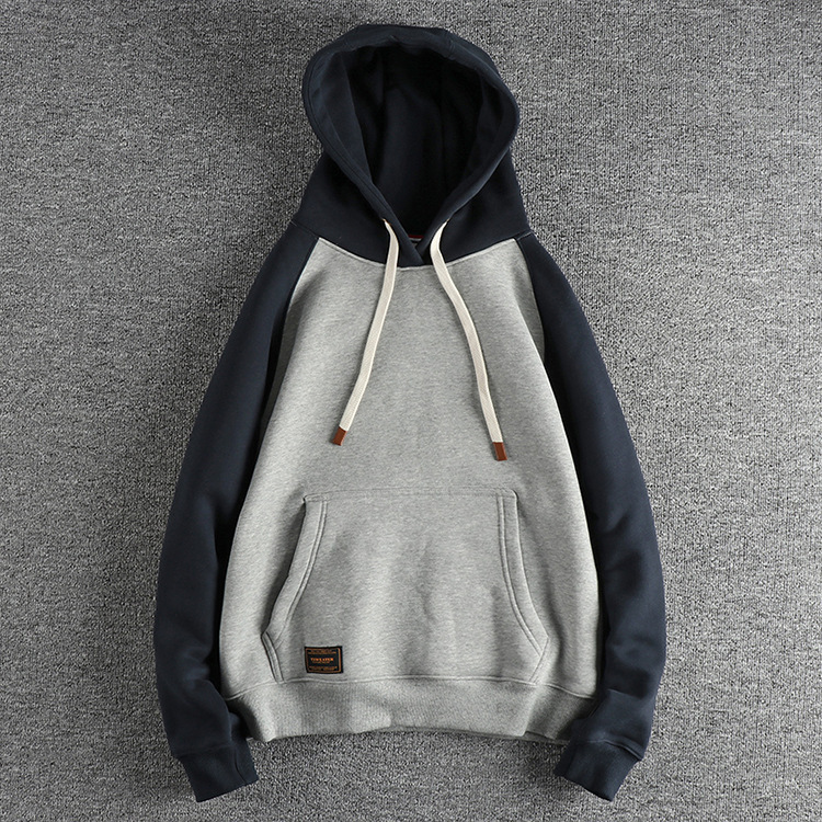 GorgeousBen  Men's  Heavyweight fleece-lined thick hooded sweatshirt for men, American retro color-blocked trendy youth top outerwear.